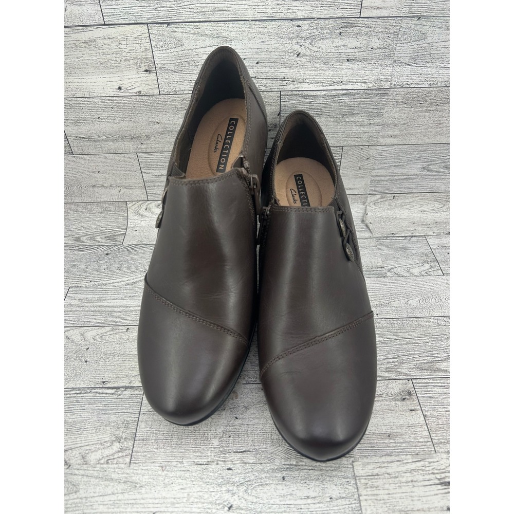 Clarks Emslie Warren Dark Brown Leather Ankle Bootie Shootie Womens 10W Wide Zip